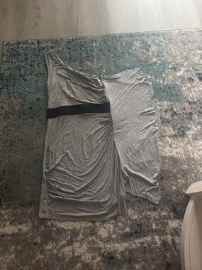 One-Shoulder Light Gray Dress with Black Waistband